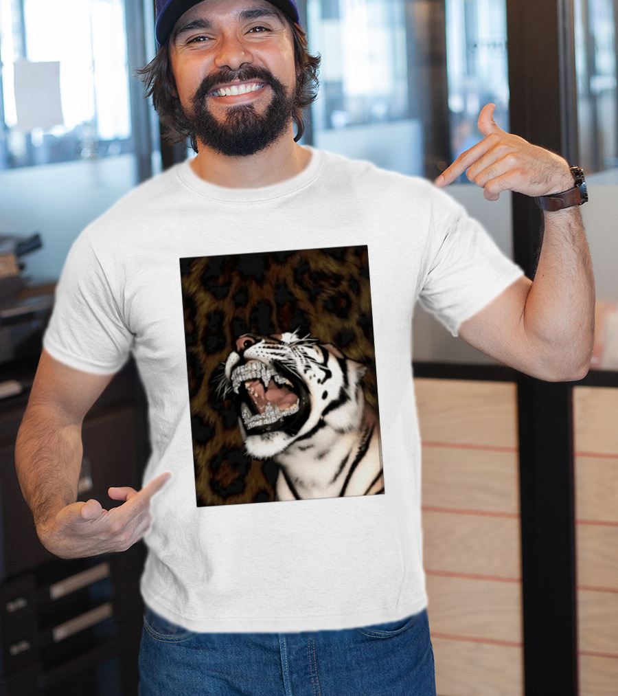 Tiger Diamond Grillz Iced Out Animal Roaring With Leopard Print T-Shirt