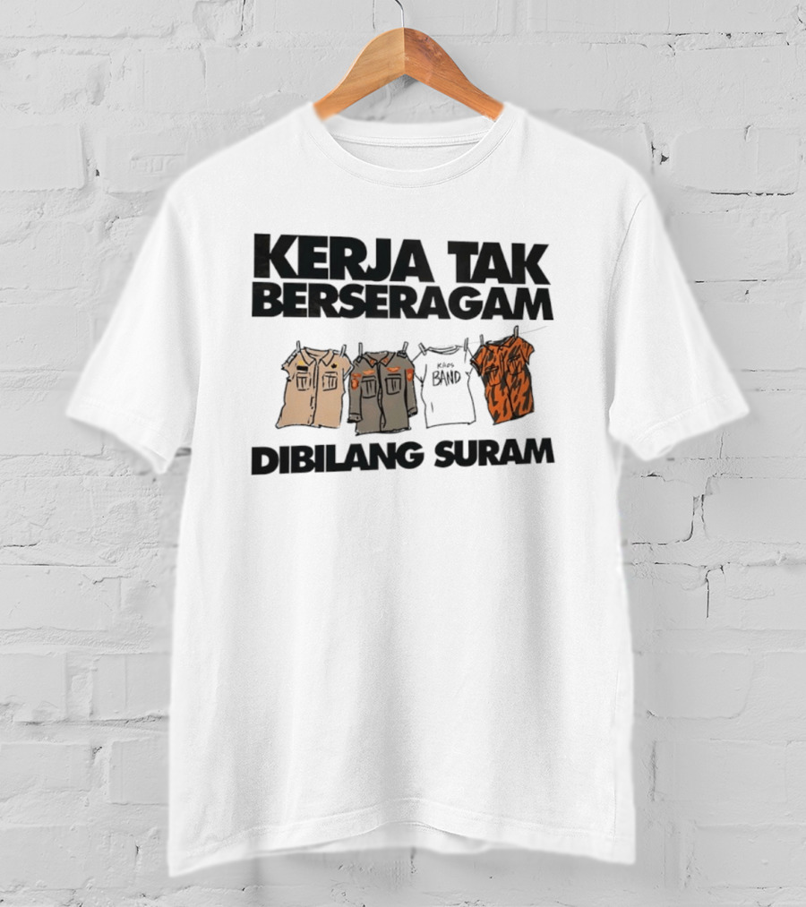 Kerja Tak Berseragam Dibilang Suram Kaos Band Dan Pakaian Kerja Di Jemuran T-Shirt