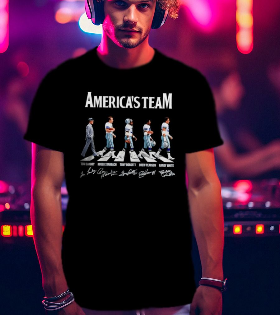 America's Team Tom Landry Roger Staubach Tony Dorsett Drew Pearson Randy White Dallas Cowboys Signatures Abbey Road T-Shirt