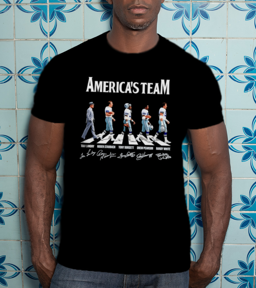America's Team Tom Landry Roger Staubach Tony Dorsett Drew Pearson Randy White Dallas Cowboys Signatures Abbey Road T-Shirt