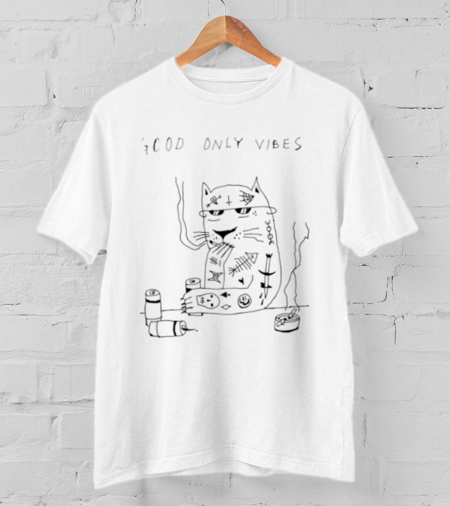 Good Only Vibes Smoking Cat Drawing With Chill Feline And Relaxed T-Shirt