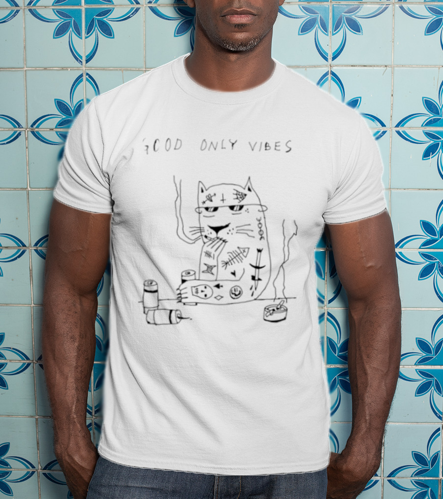 Good Only Vibes Smoking Cat Drawing With Chill Feline And Relaxed T-Shirt