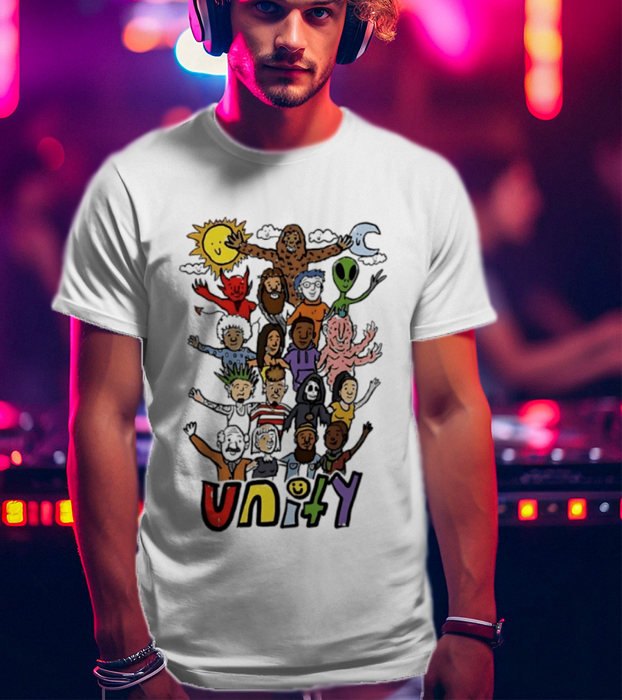 Unity Cartoon Characters Doodle Diverse Characters Aliens Bigfoot Devil Sun Moon T-Shirt