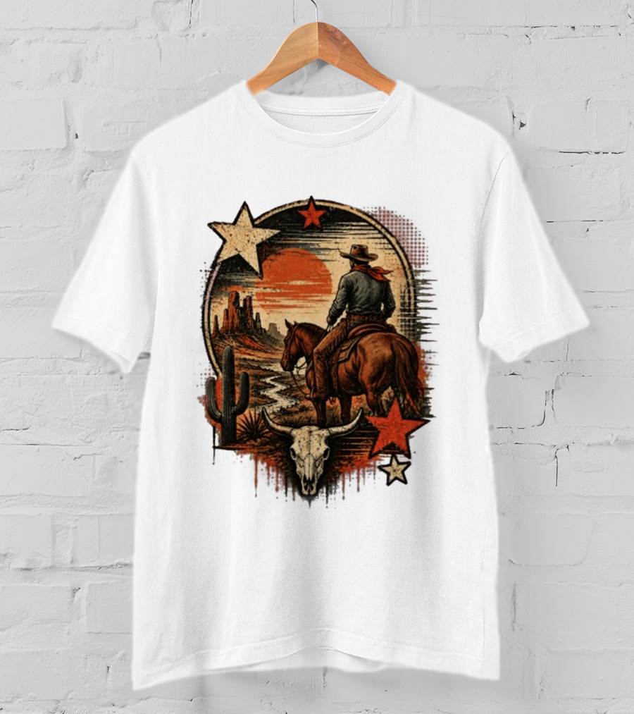 Cowboy On Horseback Under Desert Sunset With Cactus And Skull T-Shirt