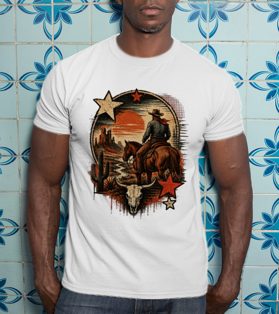 Cowboy On Horseback Under Desert Sunset With Cactus And Skull T-Shirt