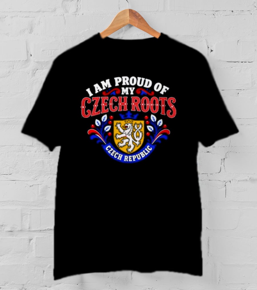 I Am Proud Of My Czech Roots Czech Republic Crest With Lion And Floral Motif T-Shirt