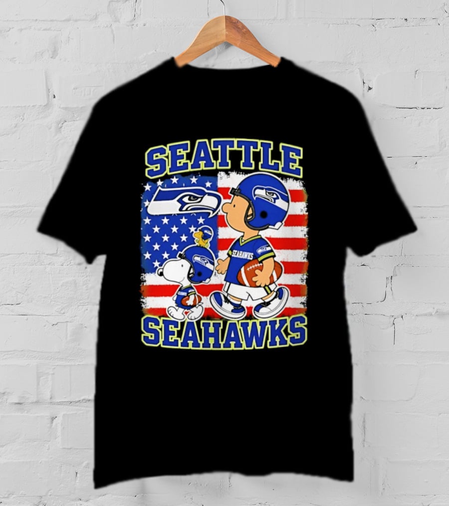 Snoopy Charlie Brown Seattle Seahawks American Flag Football T-Shirt