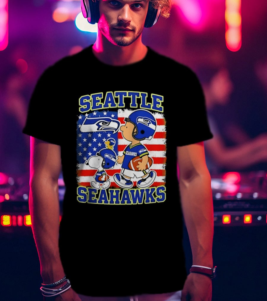 Snoopy Charlie Brown Seattle Seahawks American Flag Football T-Shirt