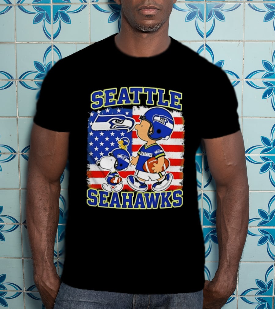 Snoopy Charlie Brown Seattle Seahawks American Flag Football T-Shirt