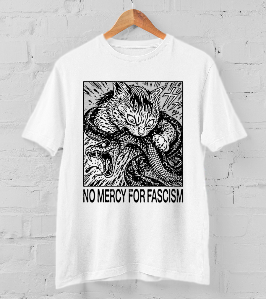 No Mercy For Fascism Cat Fighting Snake T-Shirt
