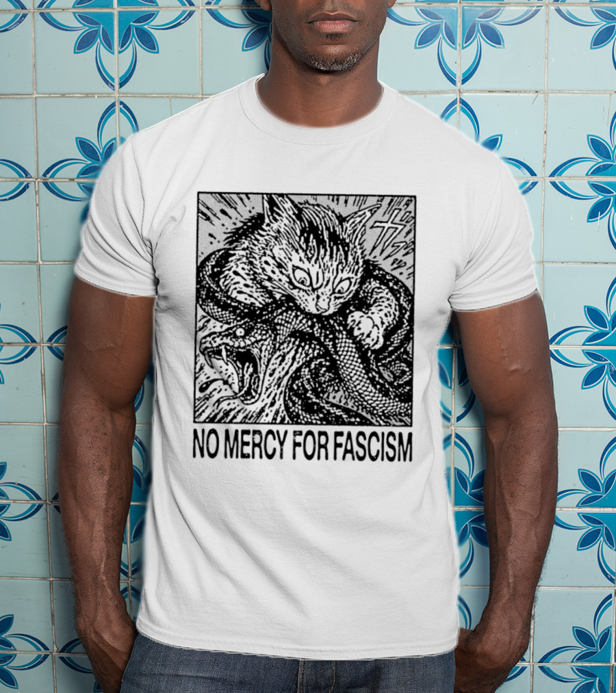 No Mercy For Fascism Cat Fighting Snake T-Shirt