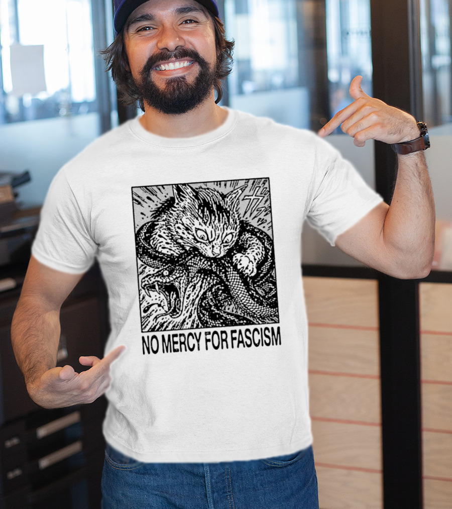 No Mercy For Fascism Cat Fighting Snake T-Shirt