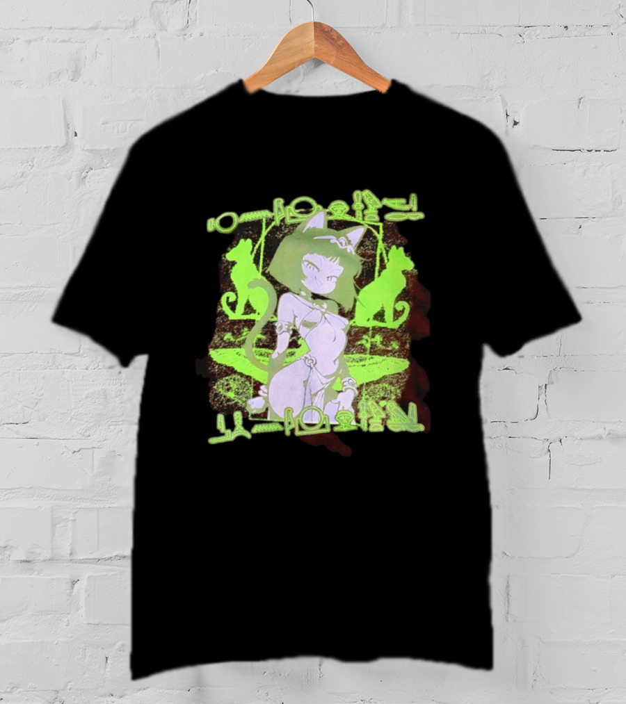 Anime Cat Girl Egyptian Hieroglyphics Neon Green Aesthetic T-Shirt
