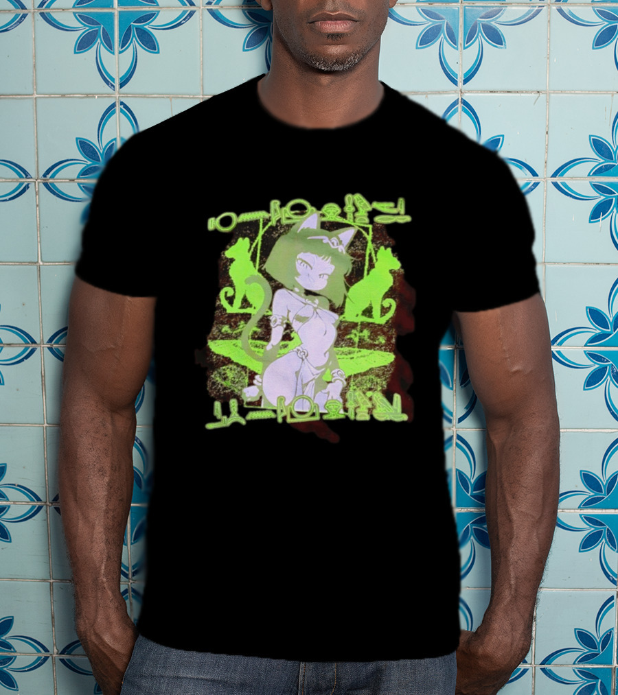 Anime Cat Girl Egyptian Hieroglyphics Neon Green Aesthetic T-Shirt