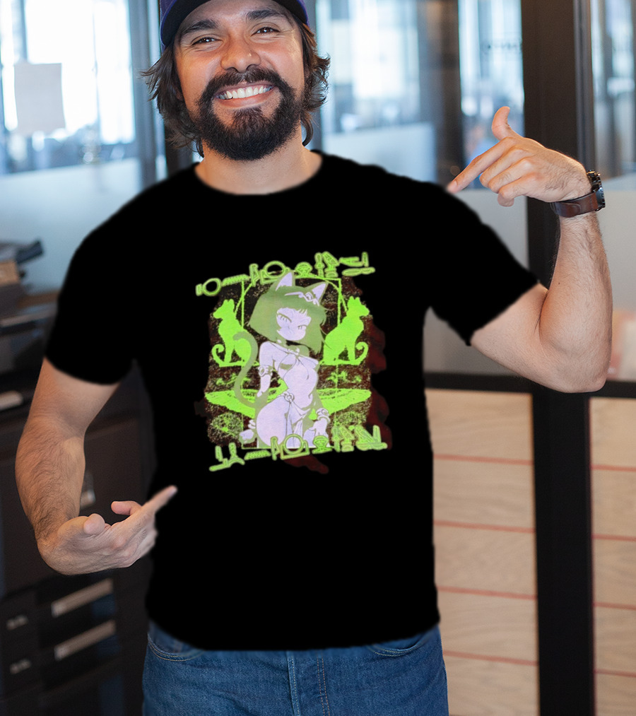 Anime Cat Girl Egyptian Hieroglyphics Neon Green Aesthetic T-Shirt