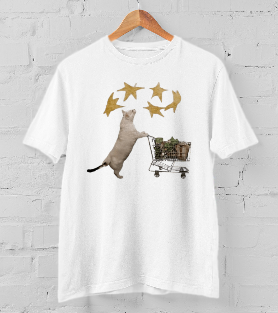 Cat Pushes Shopping Cart With Golden Stars Above T-Shirt