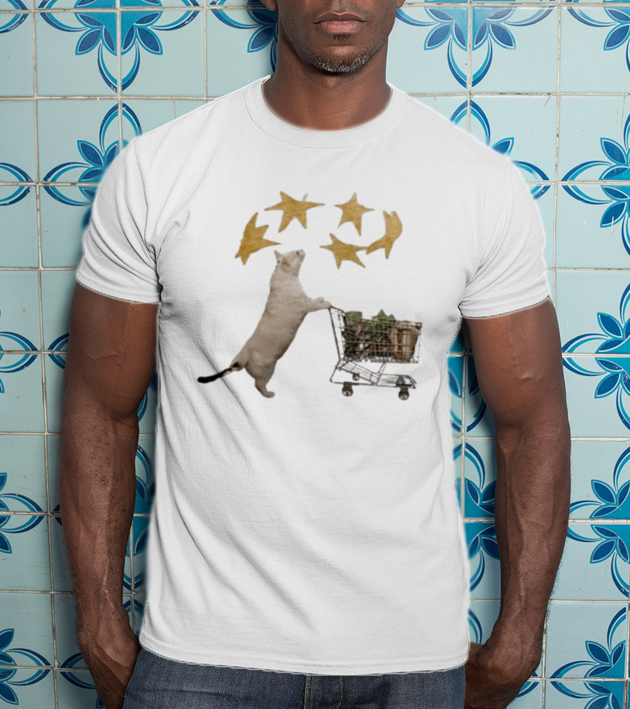 Cat Pushes Shopping Cart With Golden Stars Above T-Shirt