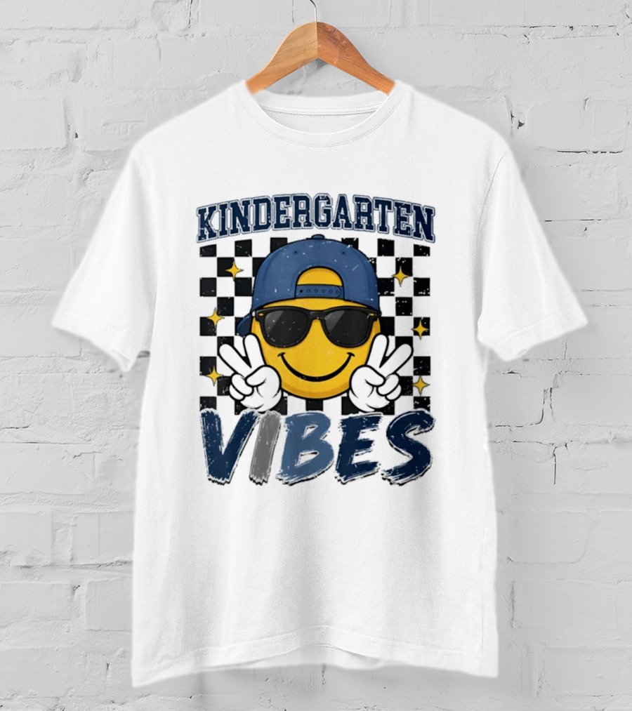 Kindergarten Vibes Smiley Face Sunglasses Peace Sign Checkered T-Shirt