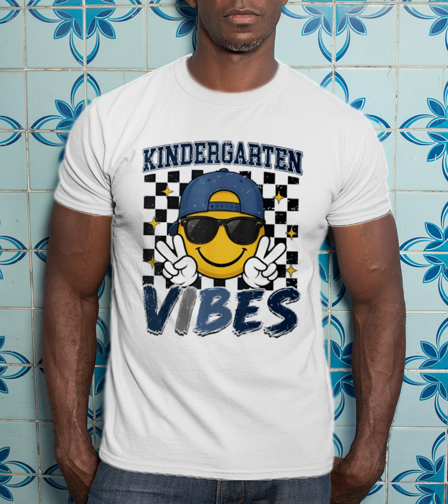 Kindergarten Vibes Smiley Face Sunglasses Peace Sign Checkered T-Shirt