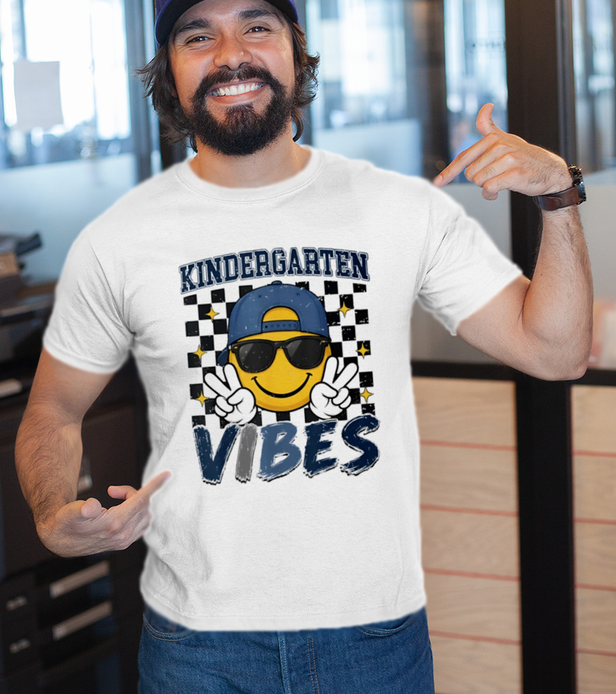 Kindergarten Vibes Smiley Face Sunglasses Peace Sign Checkered T-Shirt