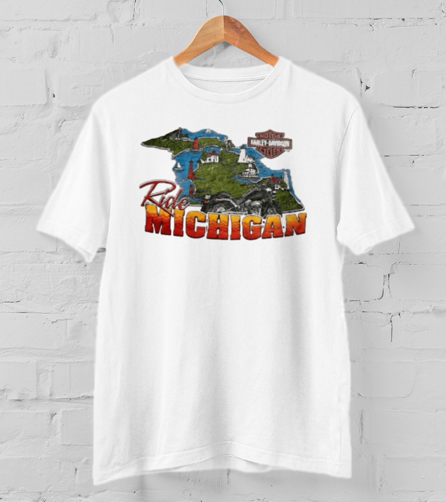 Ride Michigan Harley Davidson Motor Cycles Island Map And Lighthouse T-Shirt