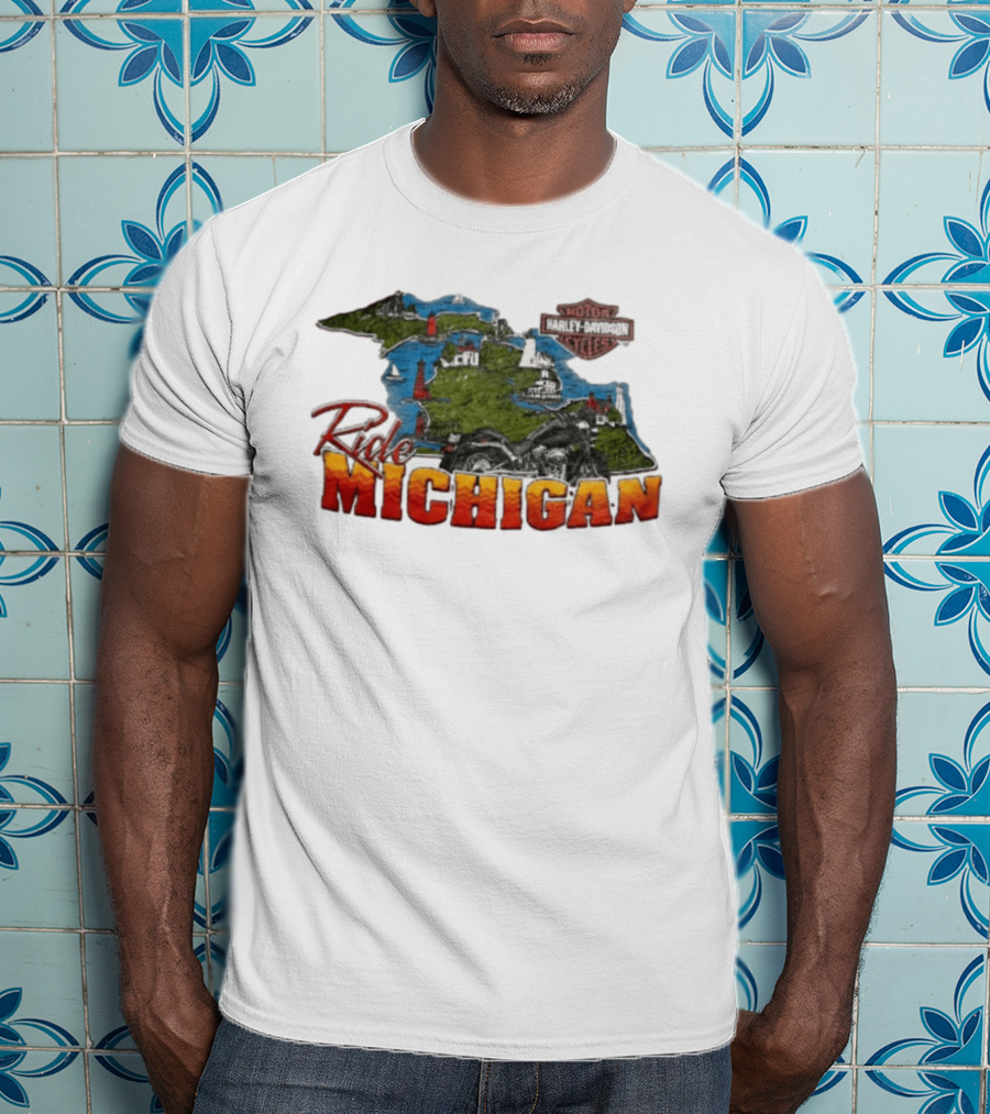 Ride Michigan Harley Davidson Motor Cycles Island Map And Lighthouse T-Shirt