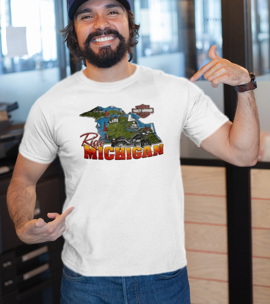 Ride Michigan Harley Davidson Motor Cycles Island Map And Lighthouse T-Shirt
