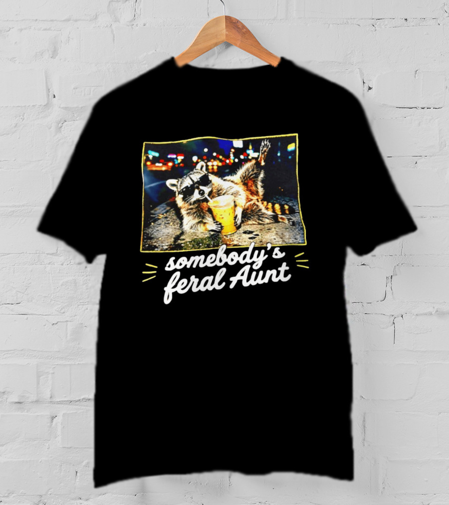 Somebody's Feral Aunt Raccoon Iced Coffee Street Scene T-Shirt