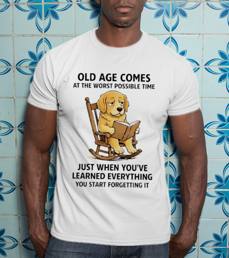 Golden Retriever Reading In Rocking Chair Old Age Humor T-Shirt