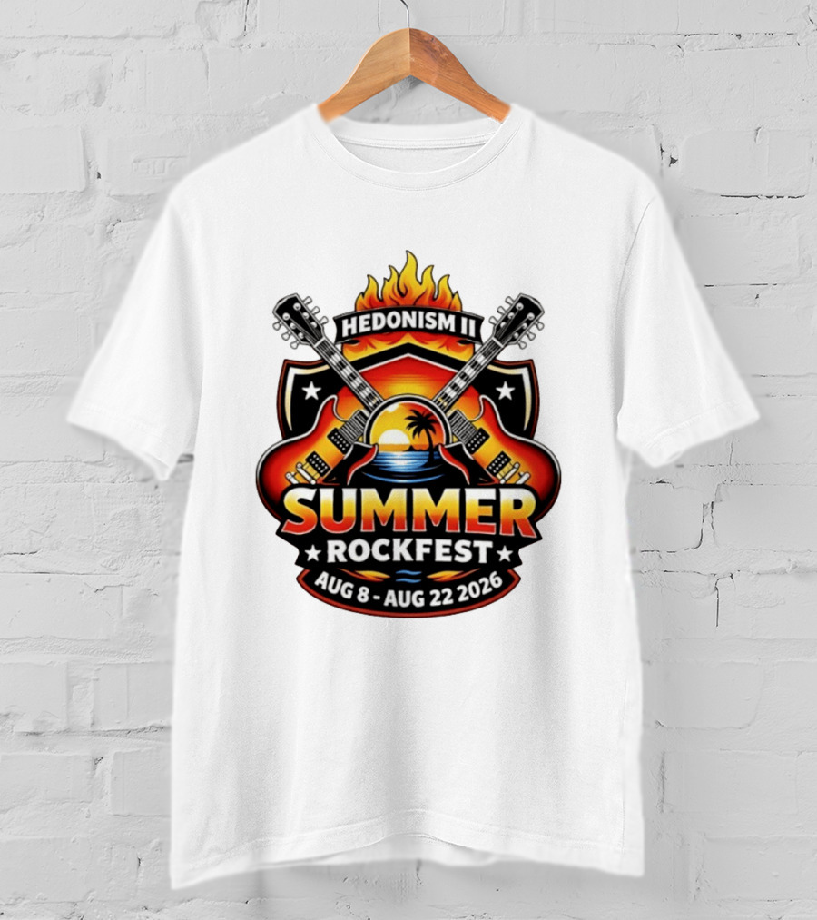 Hedonism II Summer Rockfest August 8 22 2026 Guitars Sunset Palms Fire T-Shirt