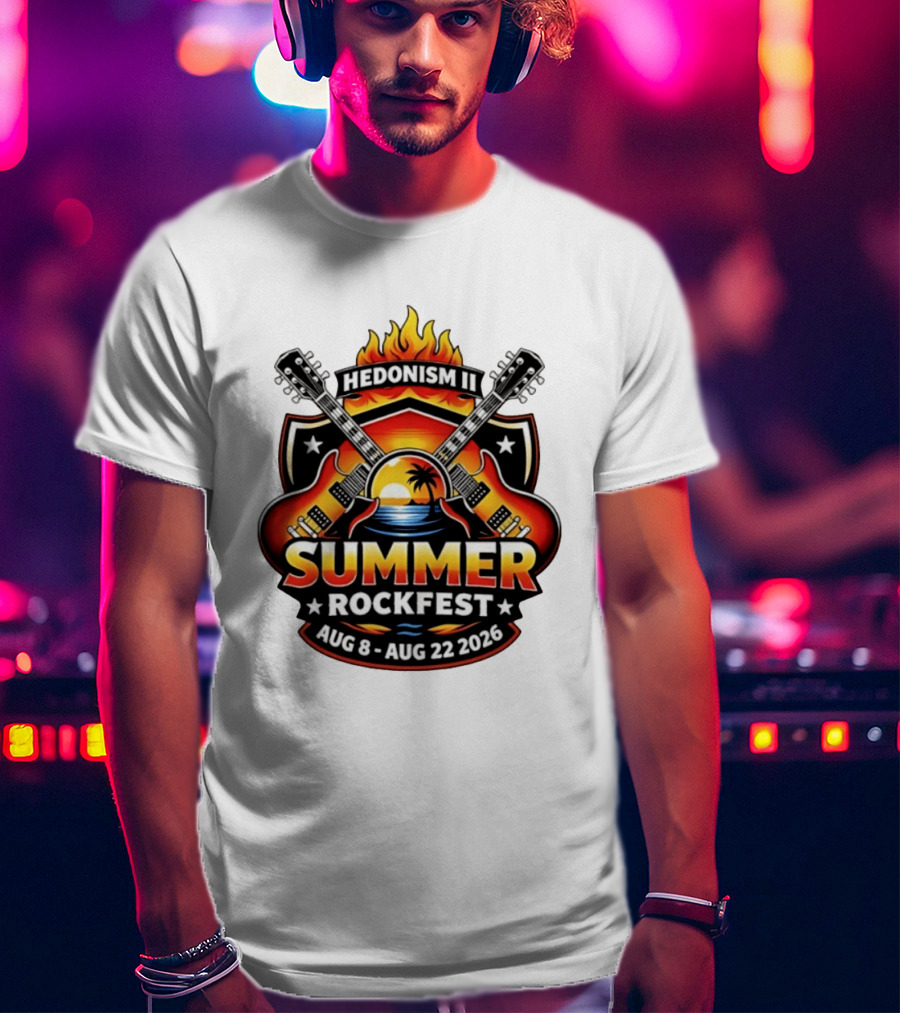 Hedonism II Summer Rockfest August 8 22 2026 Guitars Sunset Palms Fire T-Shirt