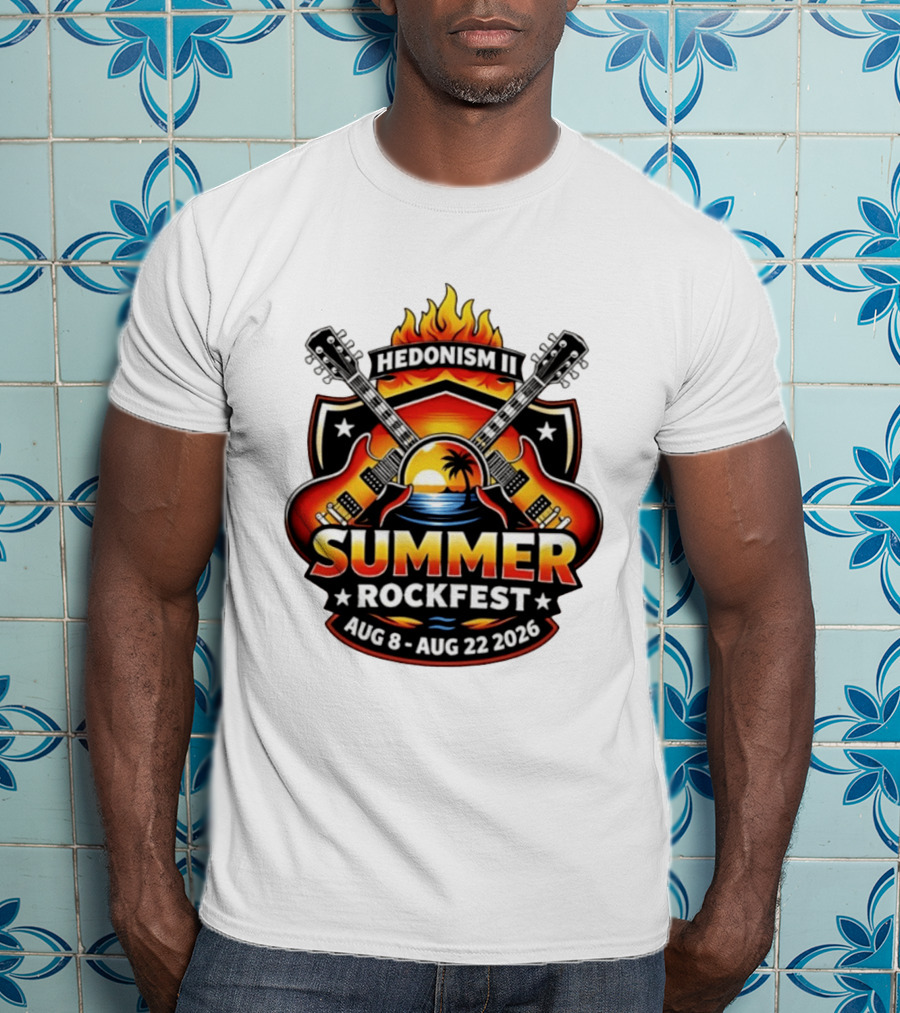 Hedonism II Summer Rockfest August 8 22 2026 Guitars Sunset Palms Fire T-Shirt