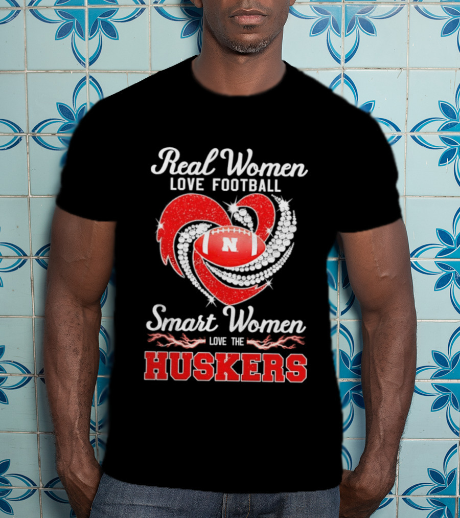 Real Women Love Football Smart Women Love The Nebraska Huskers Football Heart T-Shirt