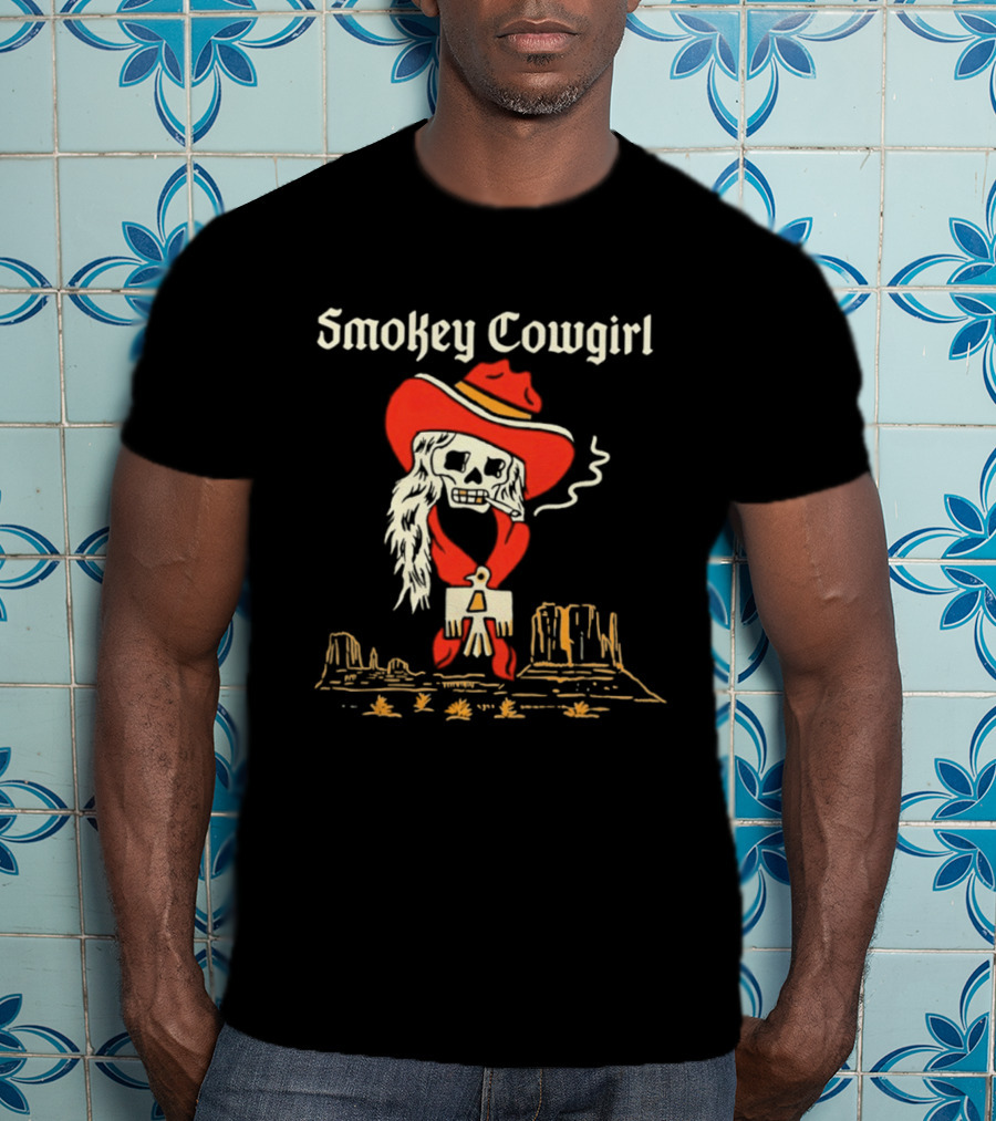 Smokey Cowgirl Western Skeleton Cowboy Desert Scene T-Shirt