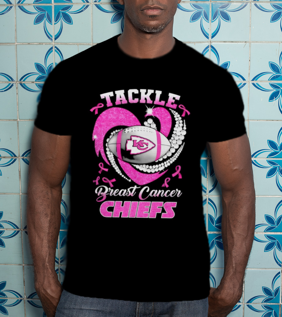 Tackle Breast Cancer Kansas City Chiefs Pink Ribbon Football Heart T-Shirt