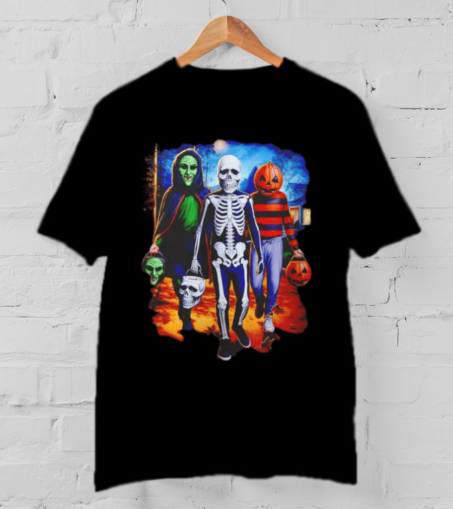 2026 Halloween Trick Or Treat Trio Skeleton Witch Pumpkin Night T-Shirt