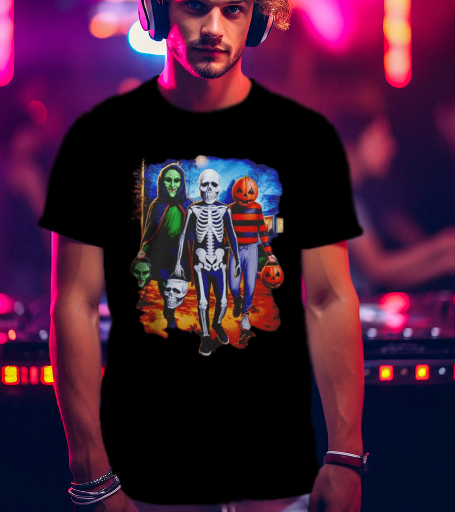2026 Halloween Trick Or Treat Trio Skeleton Witch Pumpkin Night T-Shirt