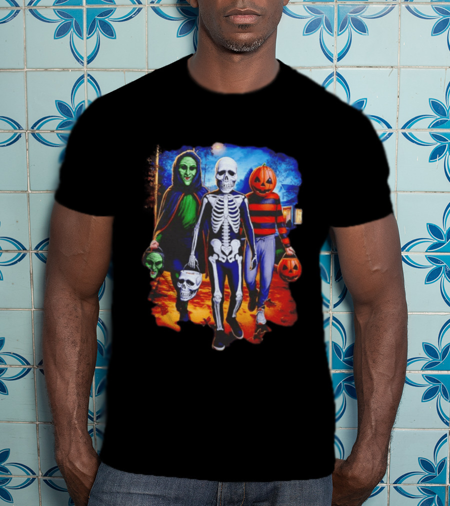 2026 Halloween Trick Or Treat Trio Skeleton Witch Pumpkin Night T-Shirt