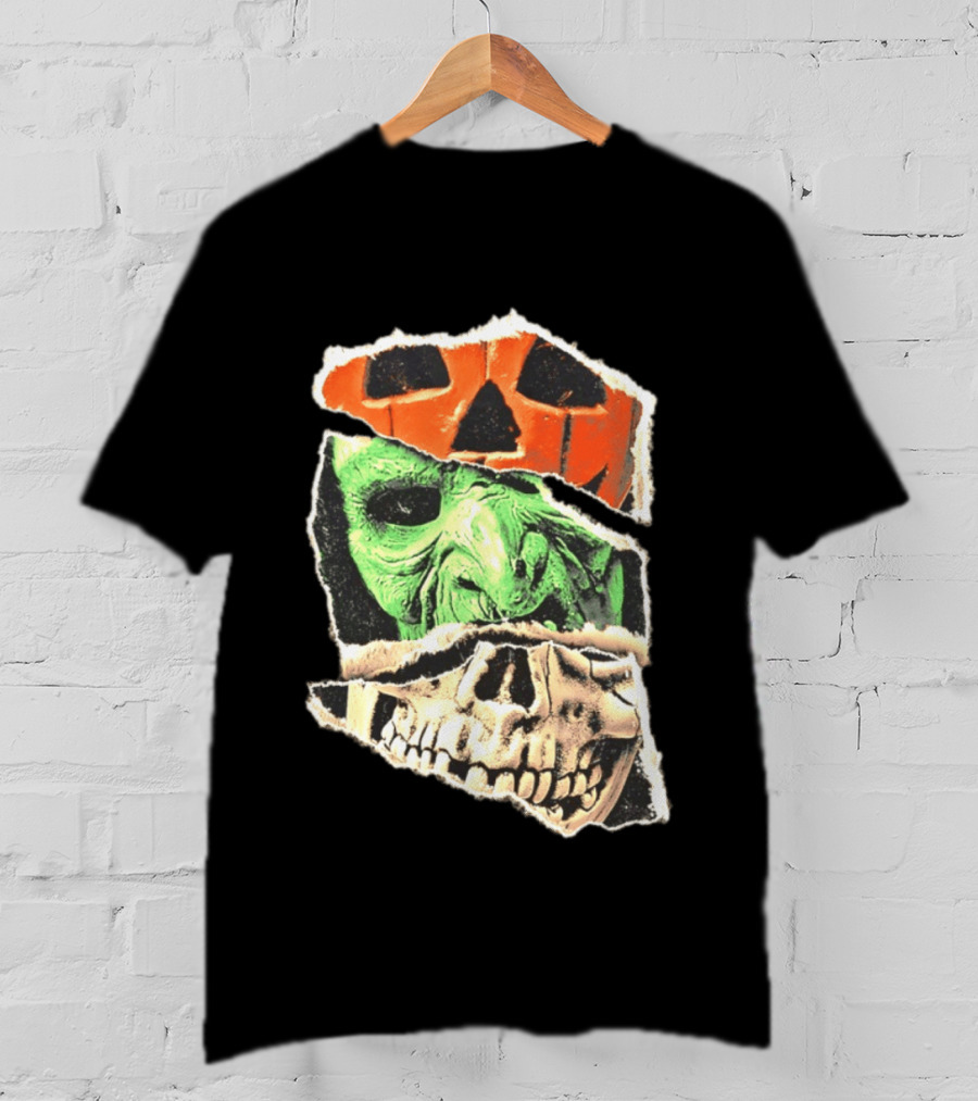 Halloween Trio Three Masks Horror Season Of The Witch Pumpkin Skull Green Mask T-Shirt