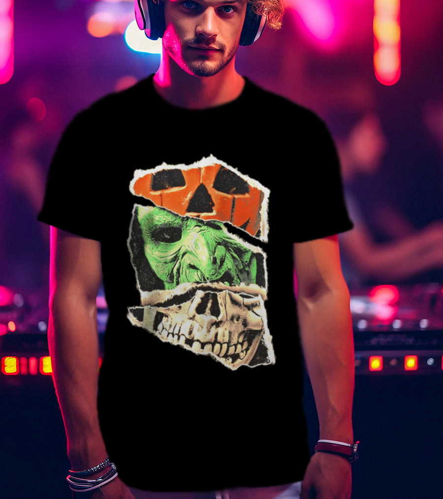 Halloween Trio Three Masks Horror Season Of The Witch Pumpkin Skull Green Mask T-Shirt