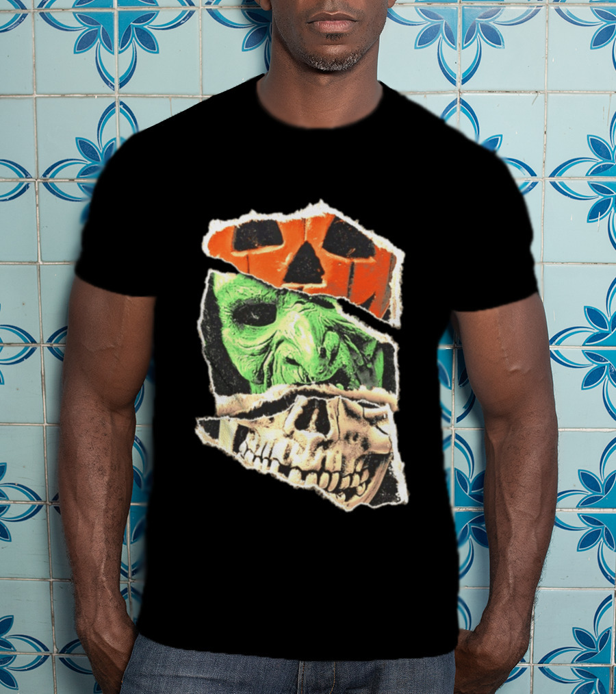 Halloween Trio Three Masks Horror Season Of The Witch Pumpkin Skull Green Mask T-Shirt