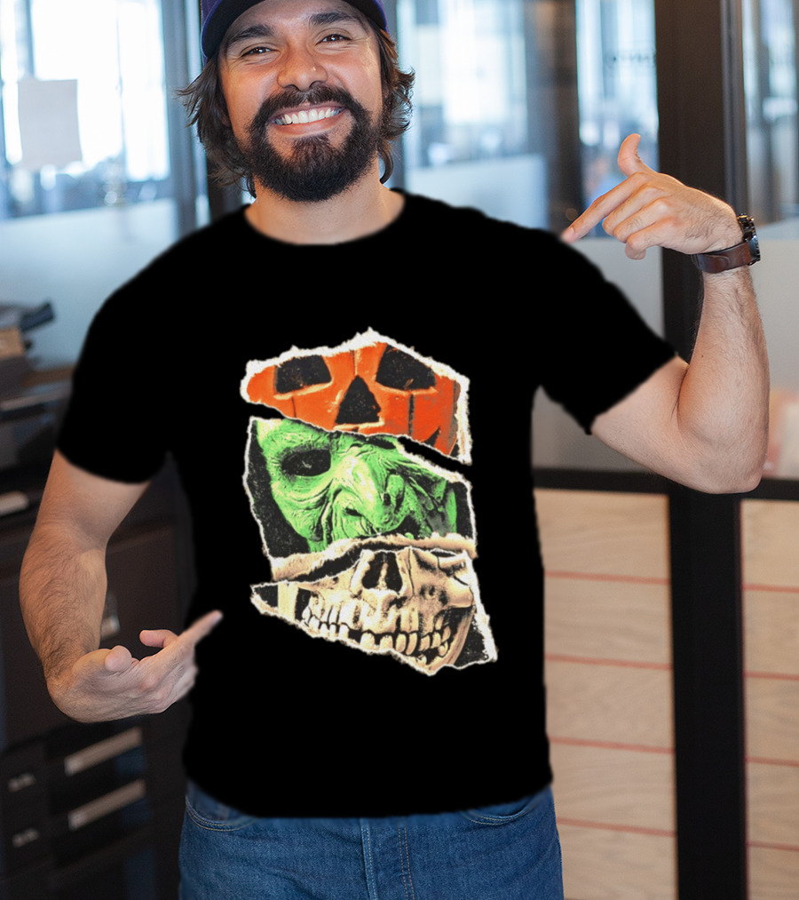 Halloween Trio Three Masks Horror Season Of The Witch Pumpkin Skull Green Mask T-Shirt