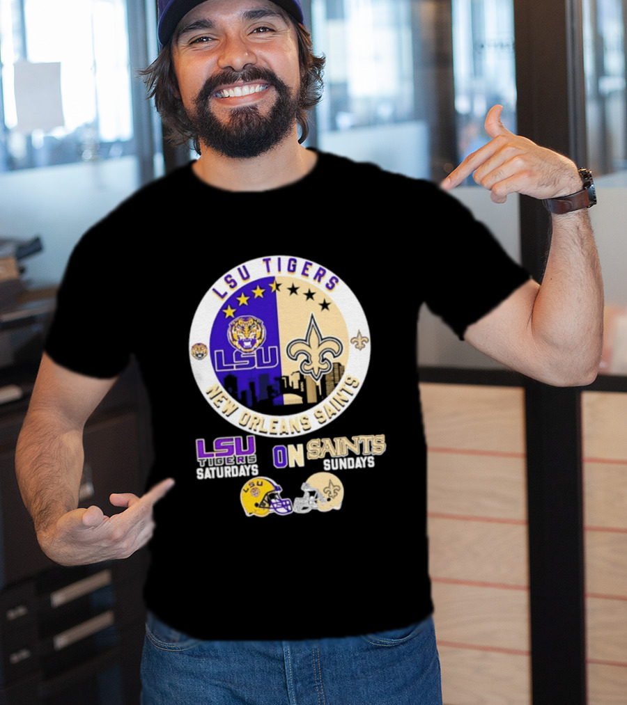 LSU Tigers New Orleans Saints Skyline Helmet Celebration Saturdays Sundays T-Shirt