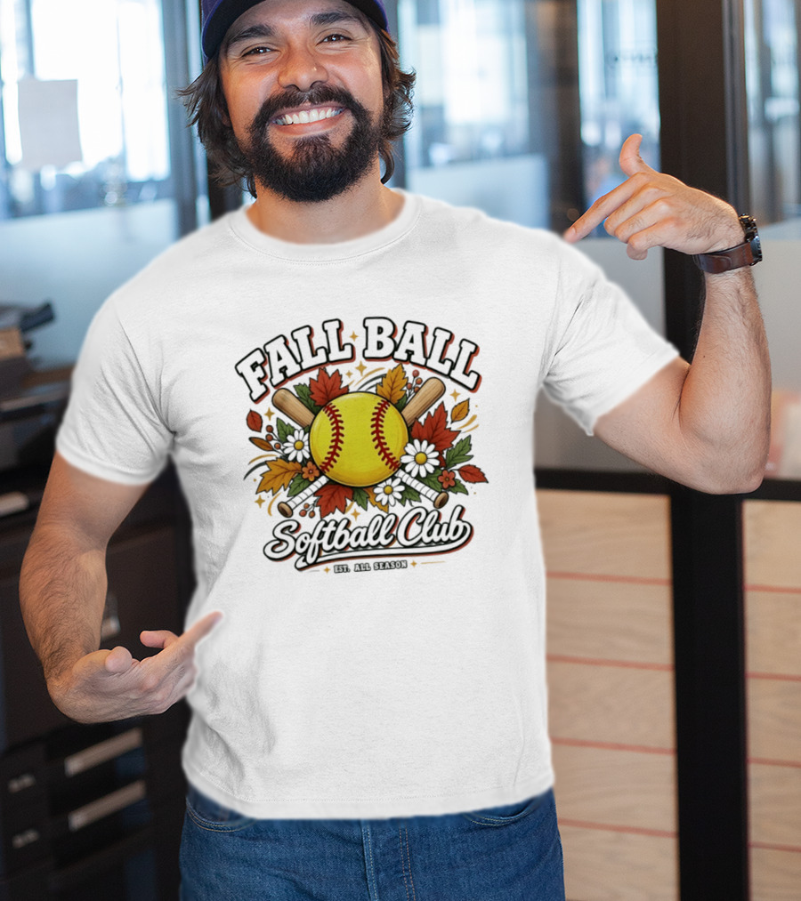 Fall Ball Softball Club Established All Season Autumn Leaves And Bats T-Shirt