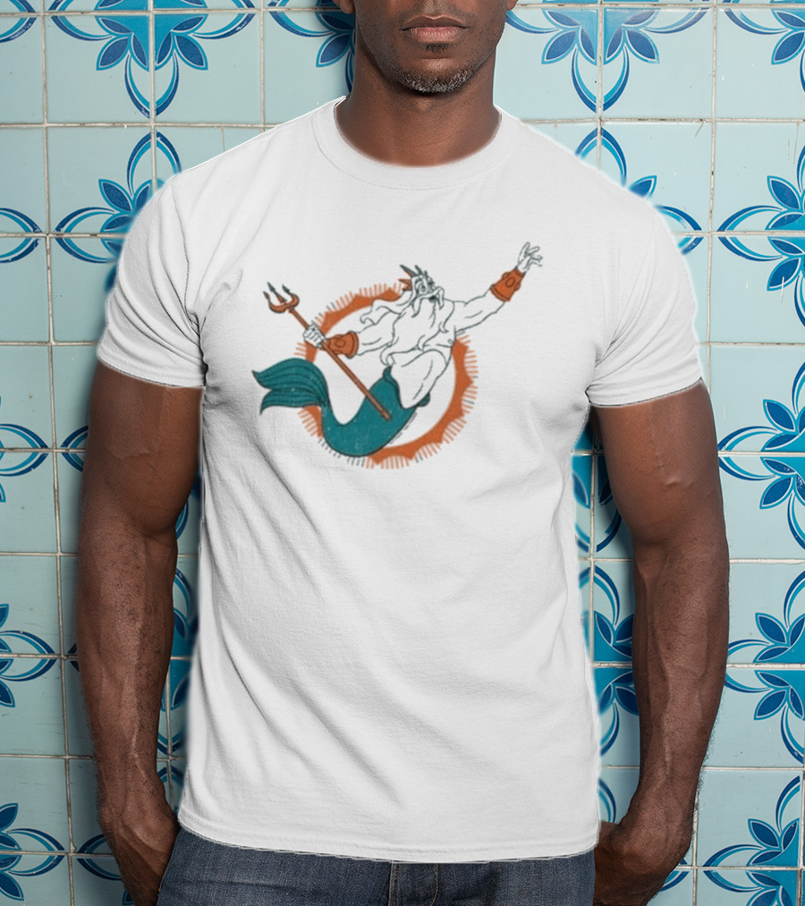 Miami Dolphins King Triton Pose With Trident And Aqua Tail T-Shirt