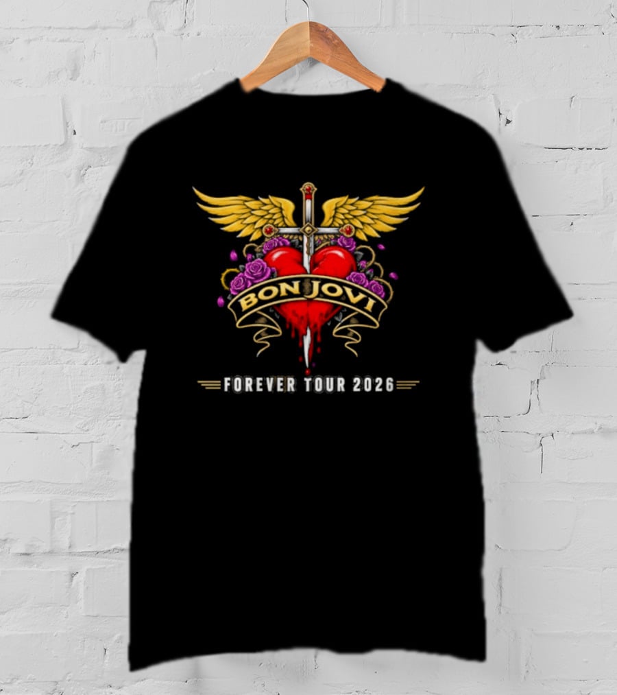 Bon Jovi Forever Tour 2026 Heart And Dagger Wings Roses T-Shirt