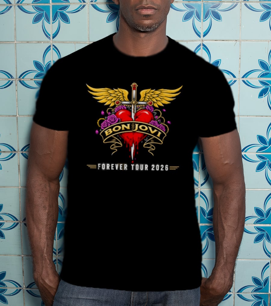 Bon Jovi Forever Tour 2026 Heart And Dagger Wings Roses T-Shirt