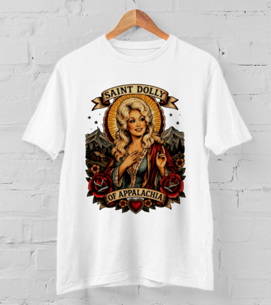Saint Dolly Of Appalachia Iconic Tribute With Roses And Mountains T-Shirt