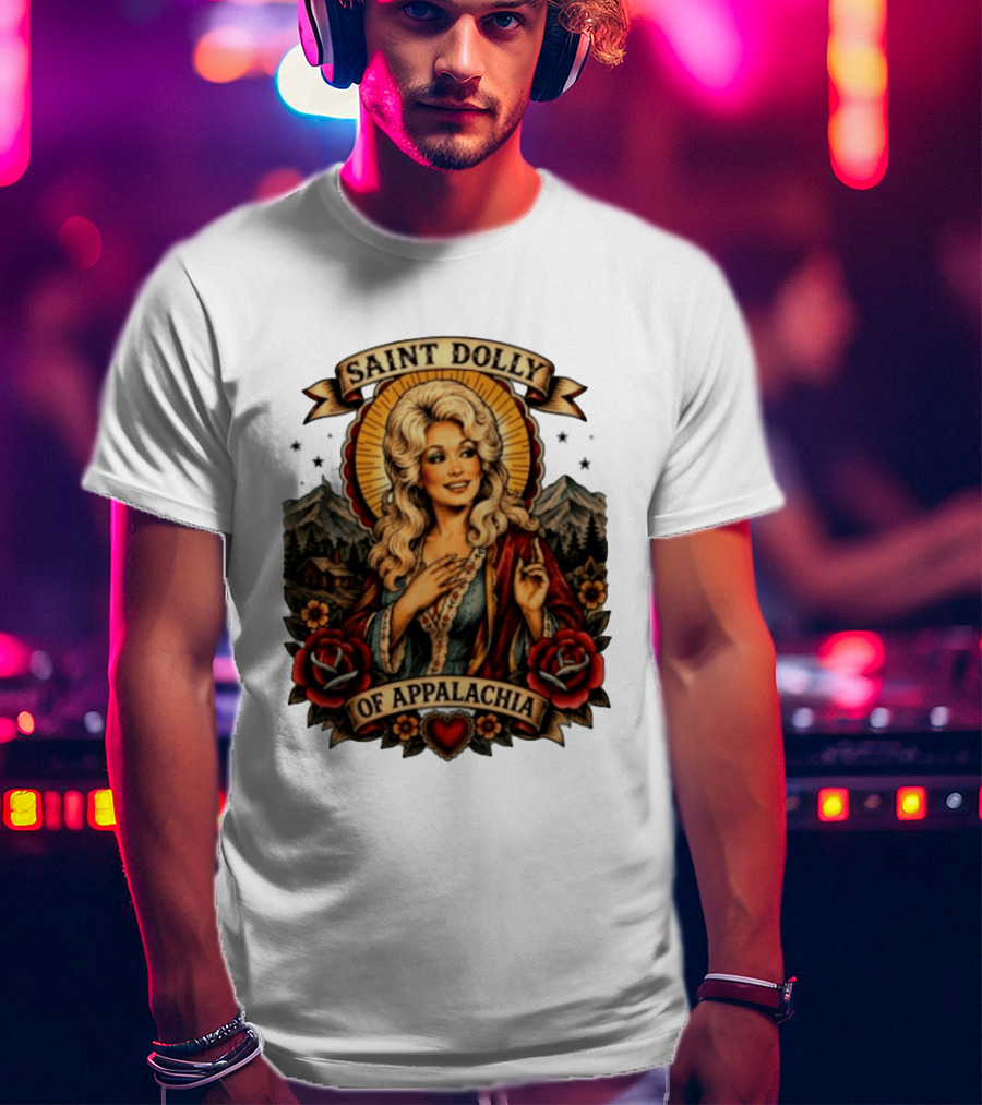 Saint Dolly Of Appalachia Iconic Tribute With Roses And Mountains T-Shirt