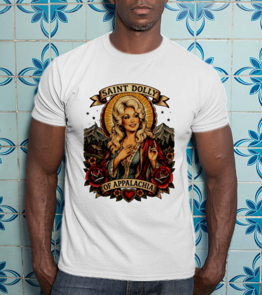 Saint Dolly Of Appalachia Iconic Tribute With Roses And Mountains T-Shirt